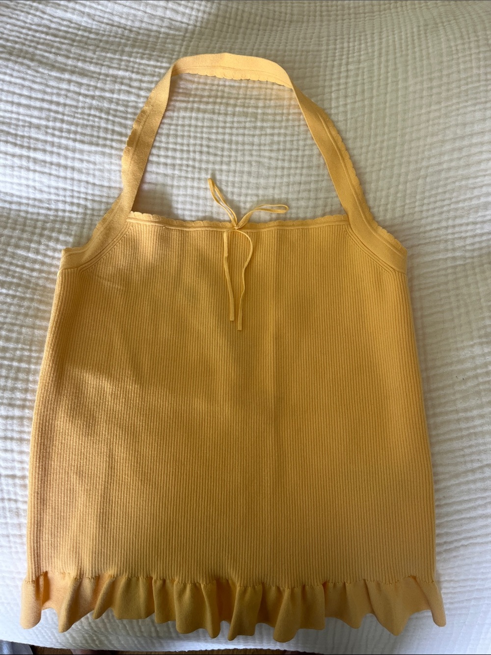 Aritzia Wilfred Palmer Women's Yellow Ribbed halter top with Ruffle Trim